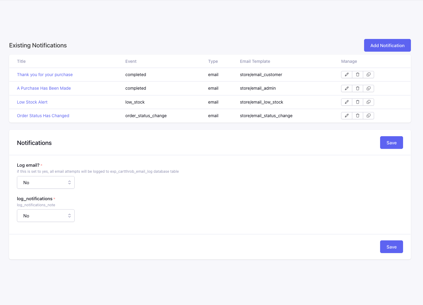CartThrob Settings Notifications