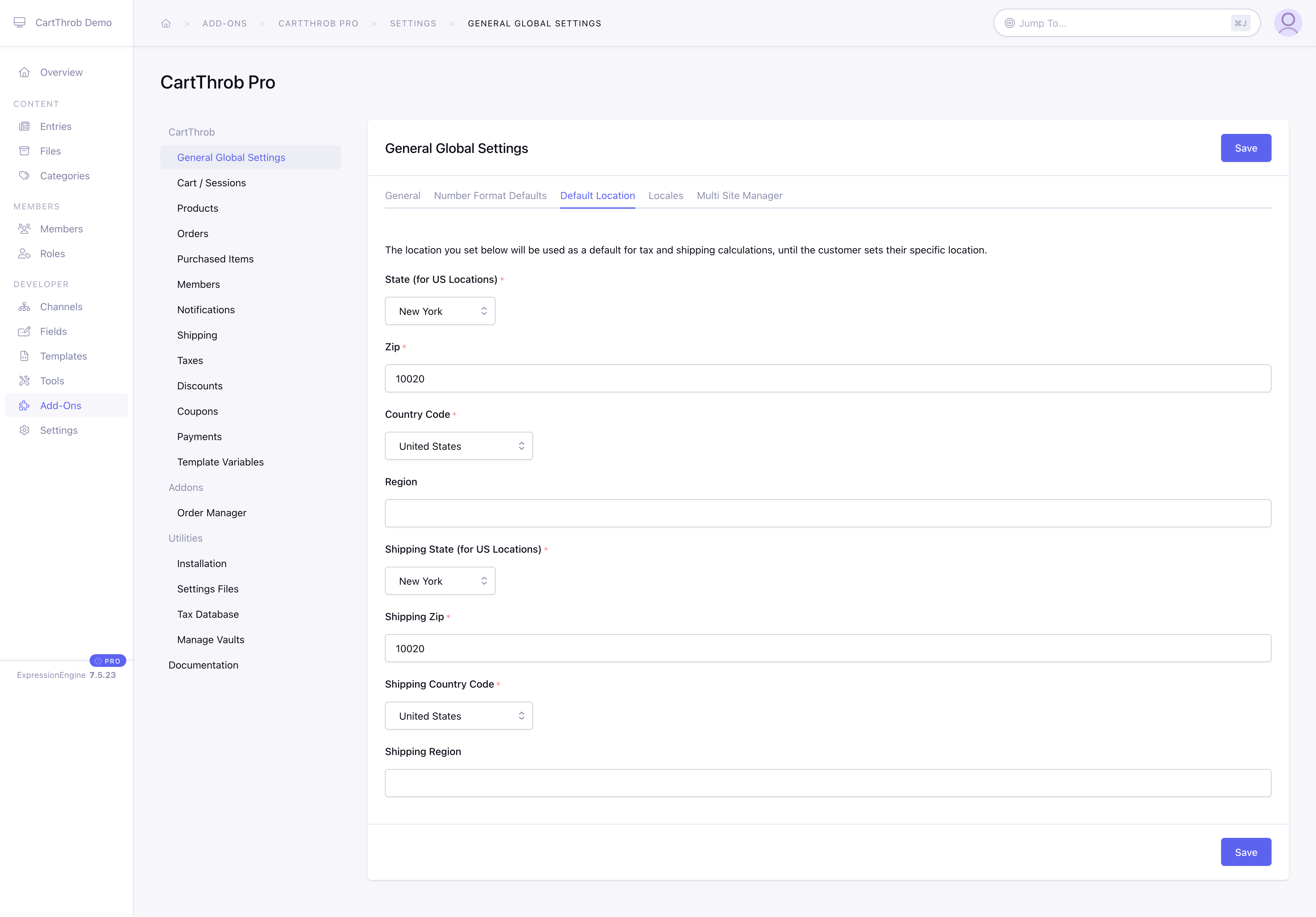 Default Customer Location Screen